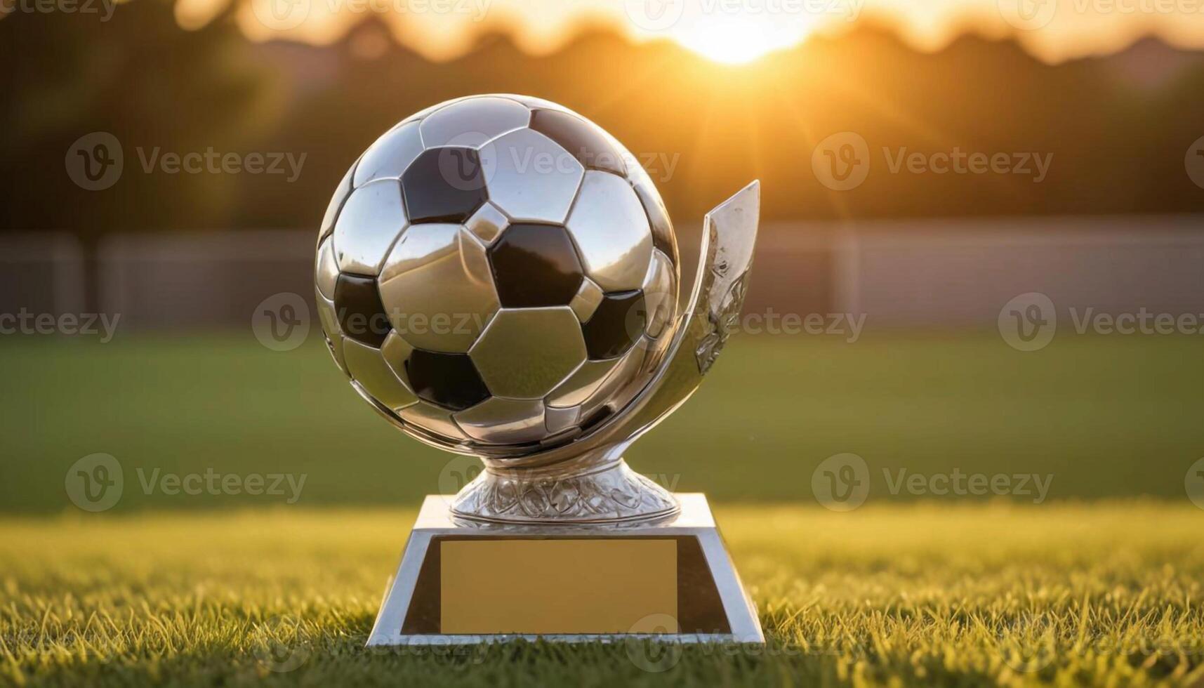 A soccer trophy on the grass with the sun in the background photo