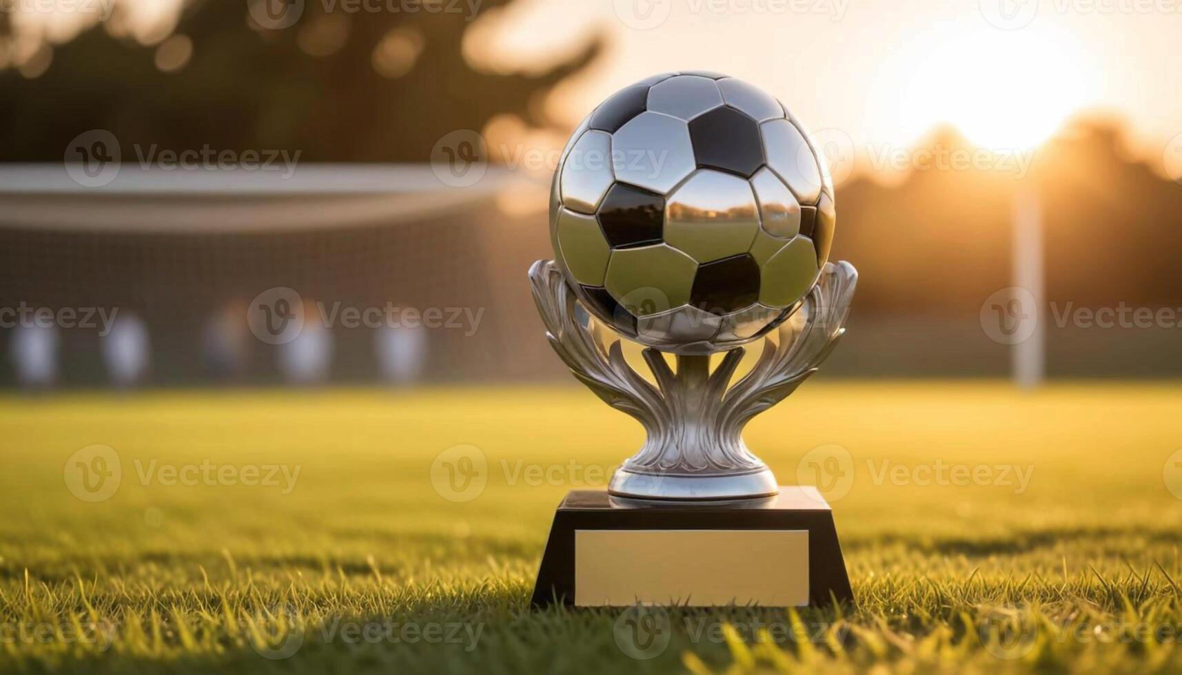A soccer ball on a trophy in front of a soccer field photo