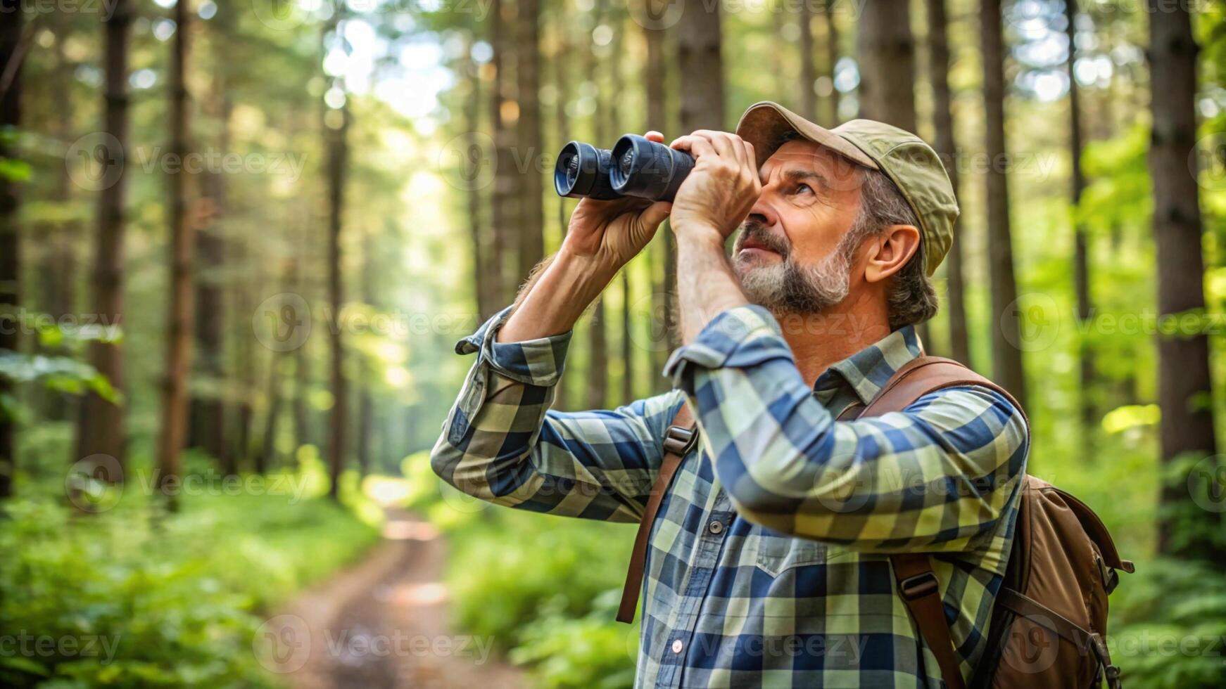 Senior man looking through binoculars in the forest photo
