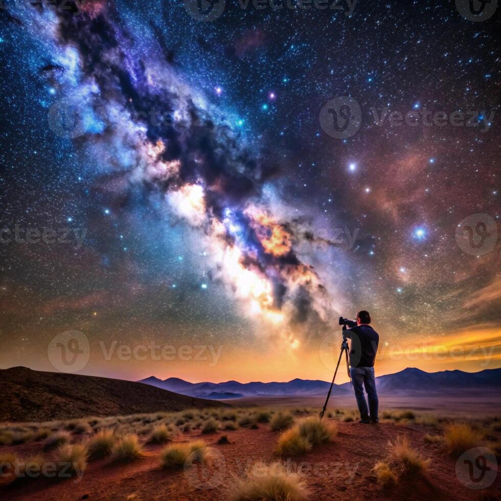 Man taking photo of milky way galaxy in desert