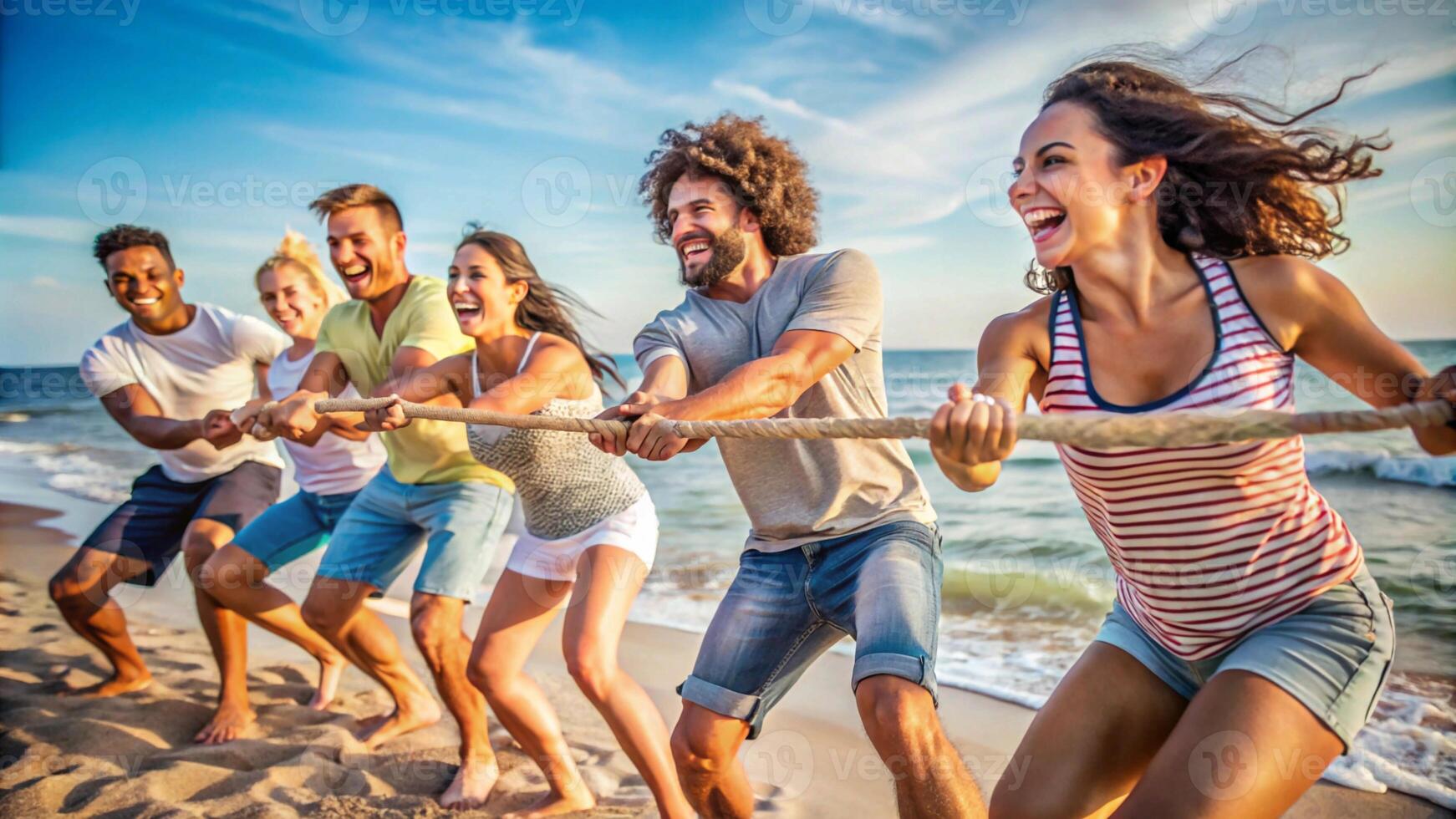 Group of friends pulling rope on beach photo