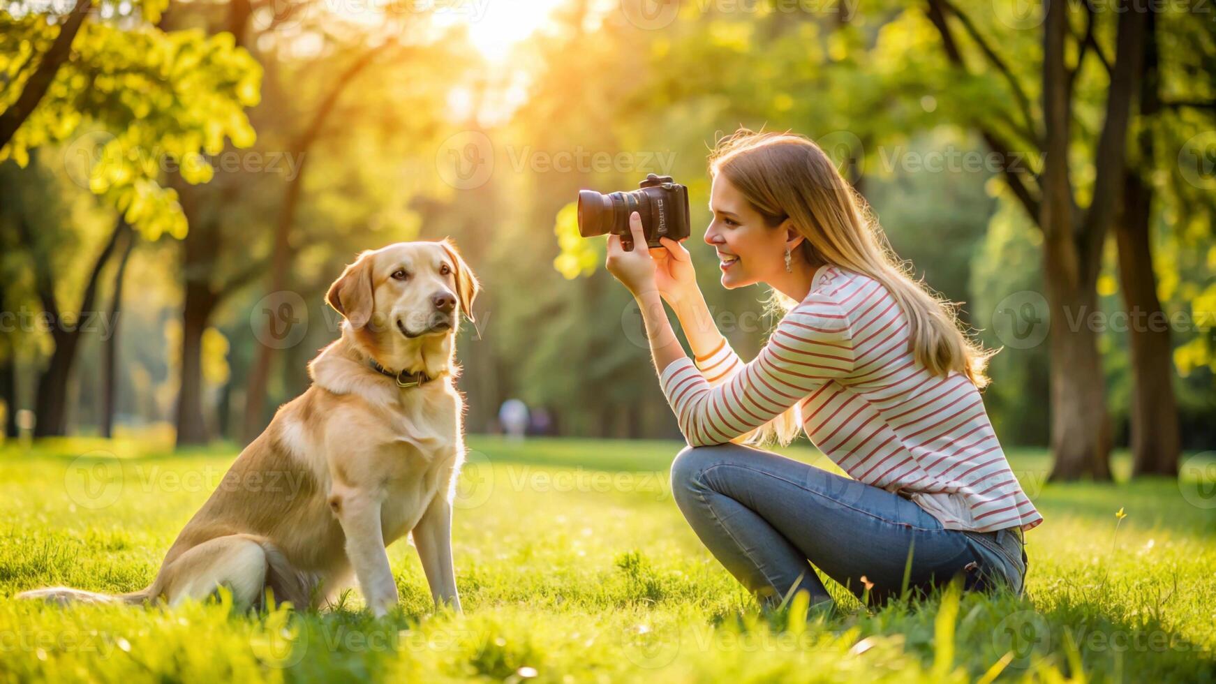 A woman taking a photo of her dog with a camera