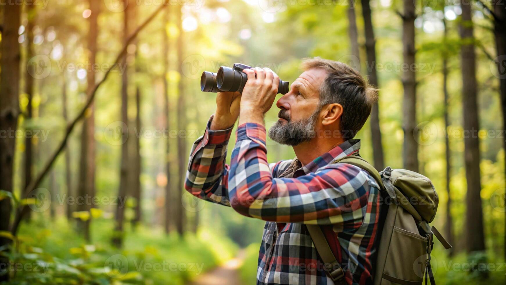 Man looking through binoculars in the forest photo