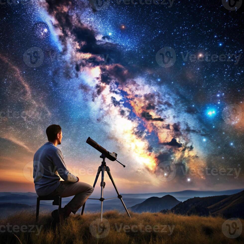 Man looking at the milky way with telescope photo