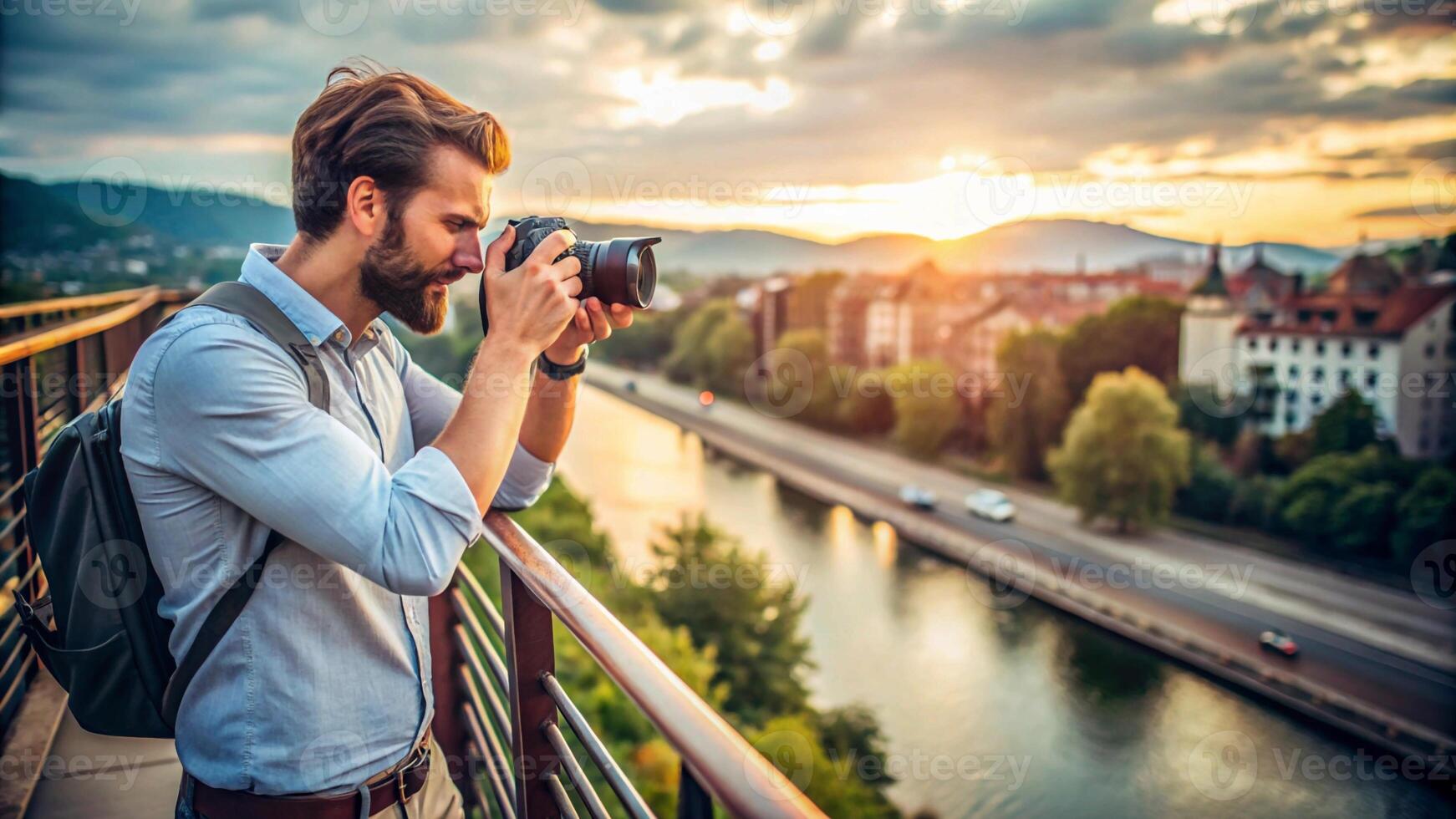 A man with a beard and backpack taking a photo of the sunset