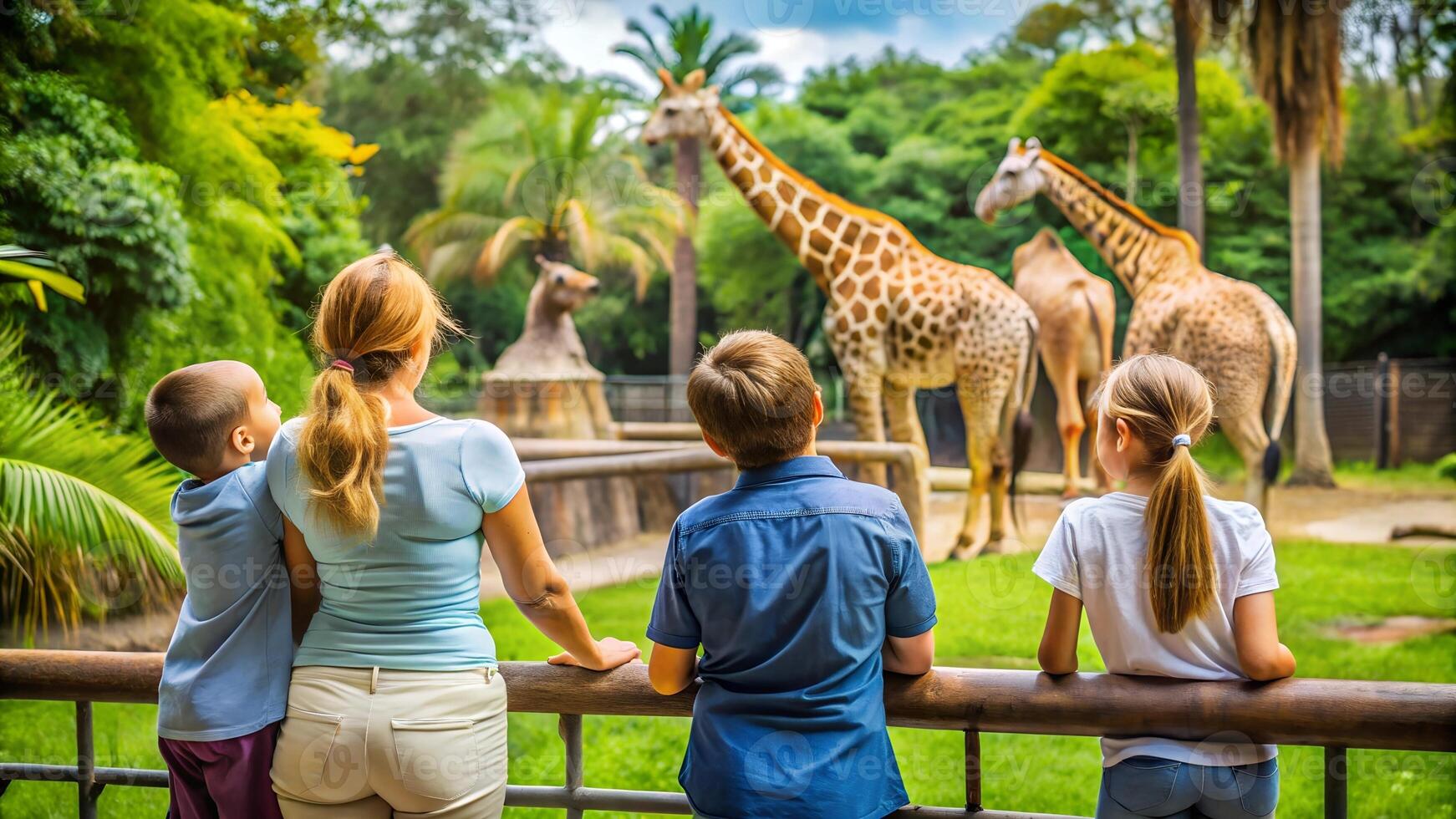 Family looking at giraffes at the zoo photo