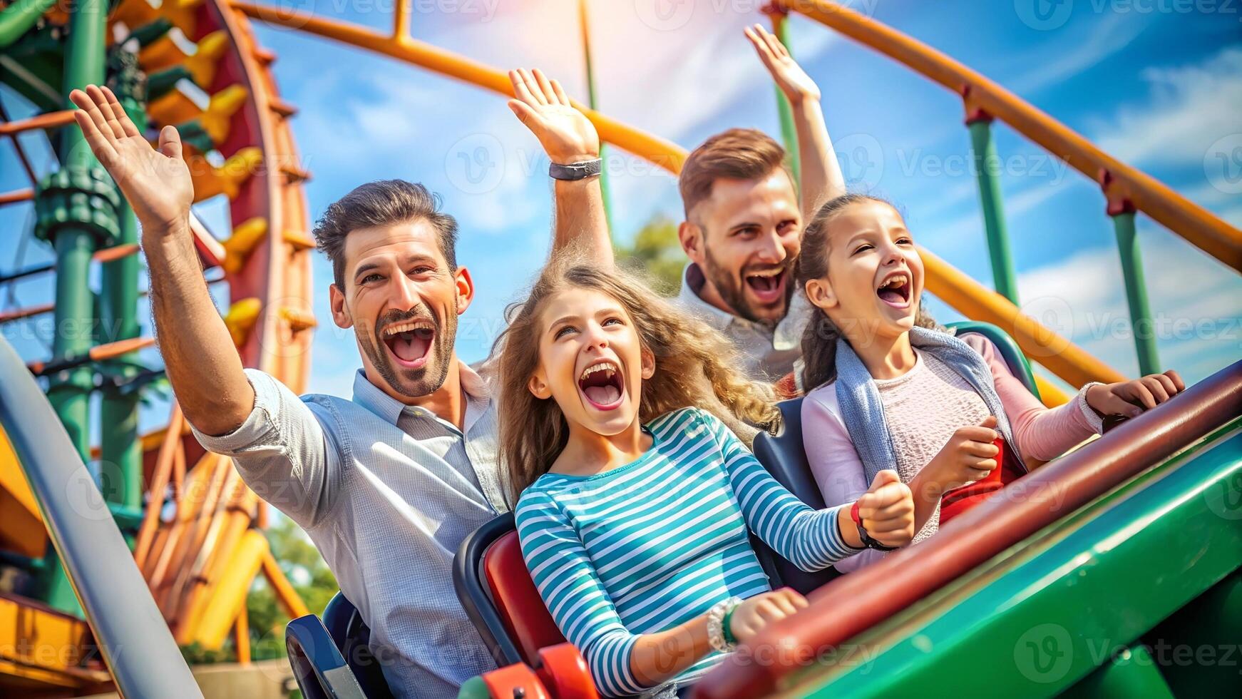 Family having fun on roller coaster photo
