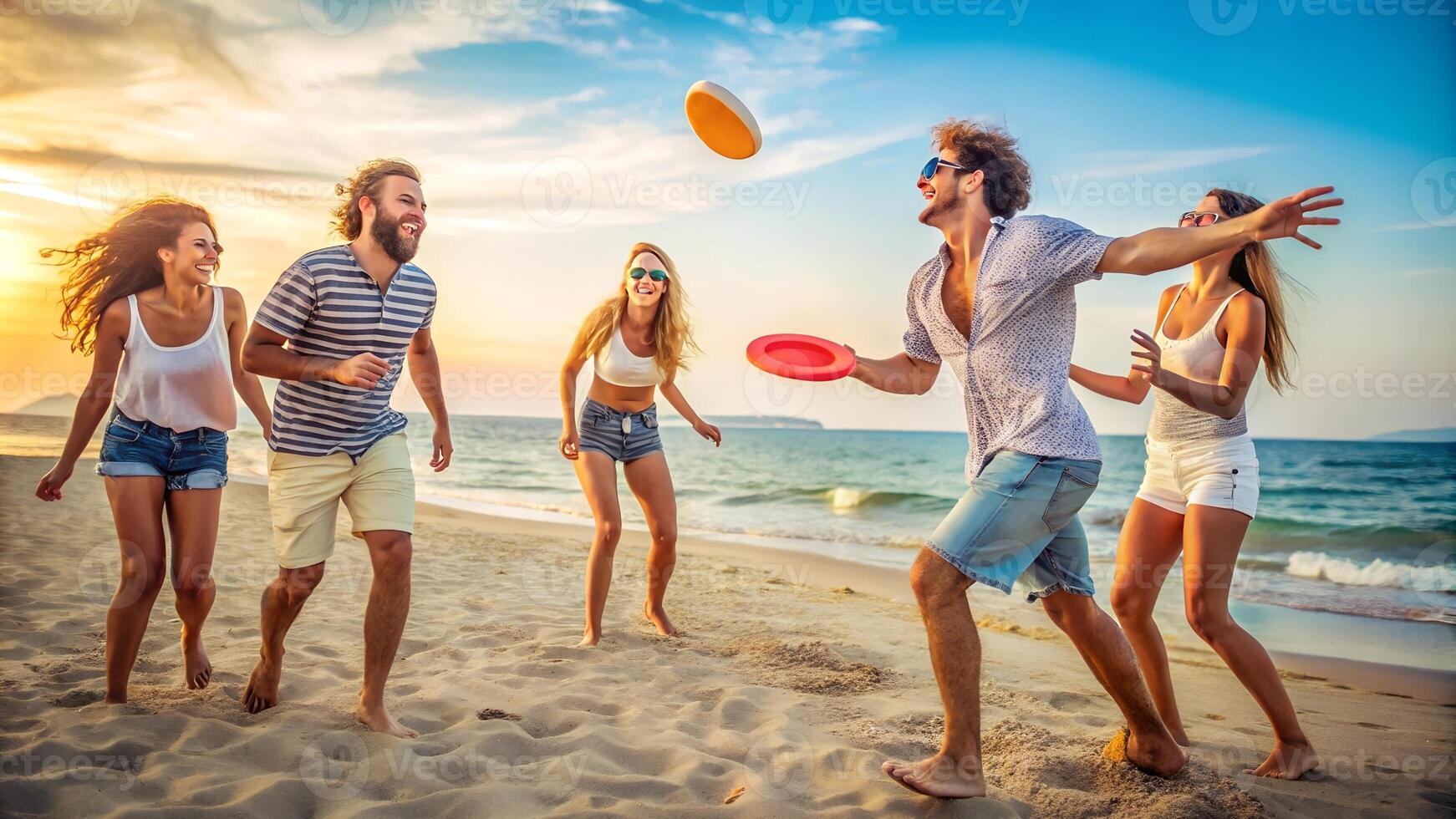 Group of Friends Playing Frisbee on Beach at Sunset , Summer Fun, Vacation, and Active Lifestyle photo