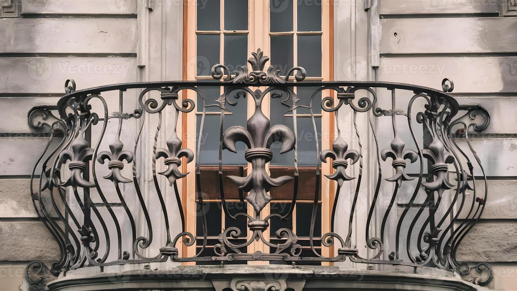 Vintage Ornate Wrought Iron Balcony with Architectural Details on Historic Building Facade photo