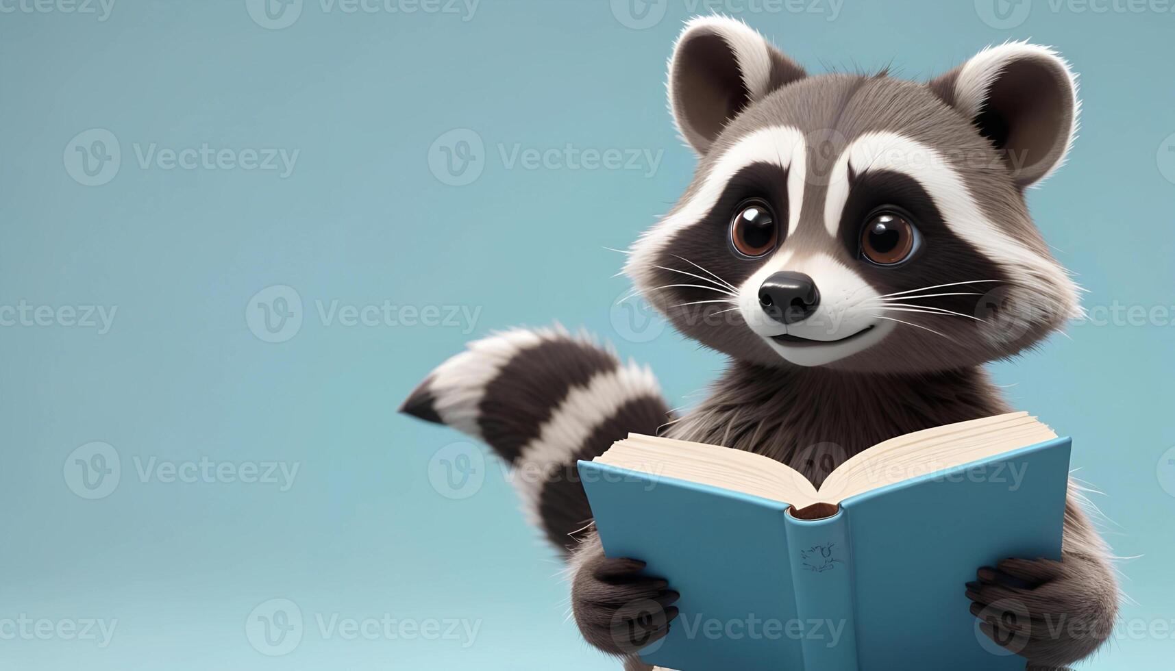 Cute Raccoon Reading a Book with Curious Expression on Blue Background , Adorable Animal Education Concept photo