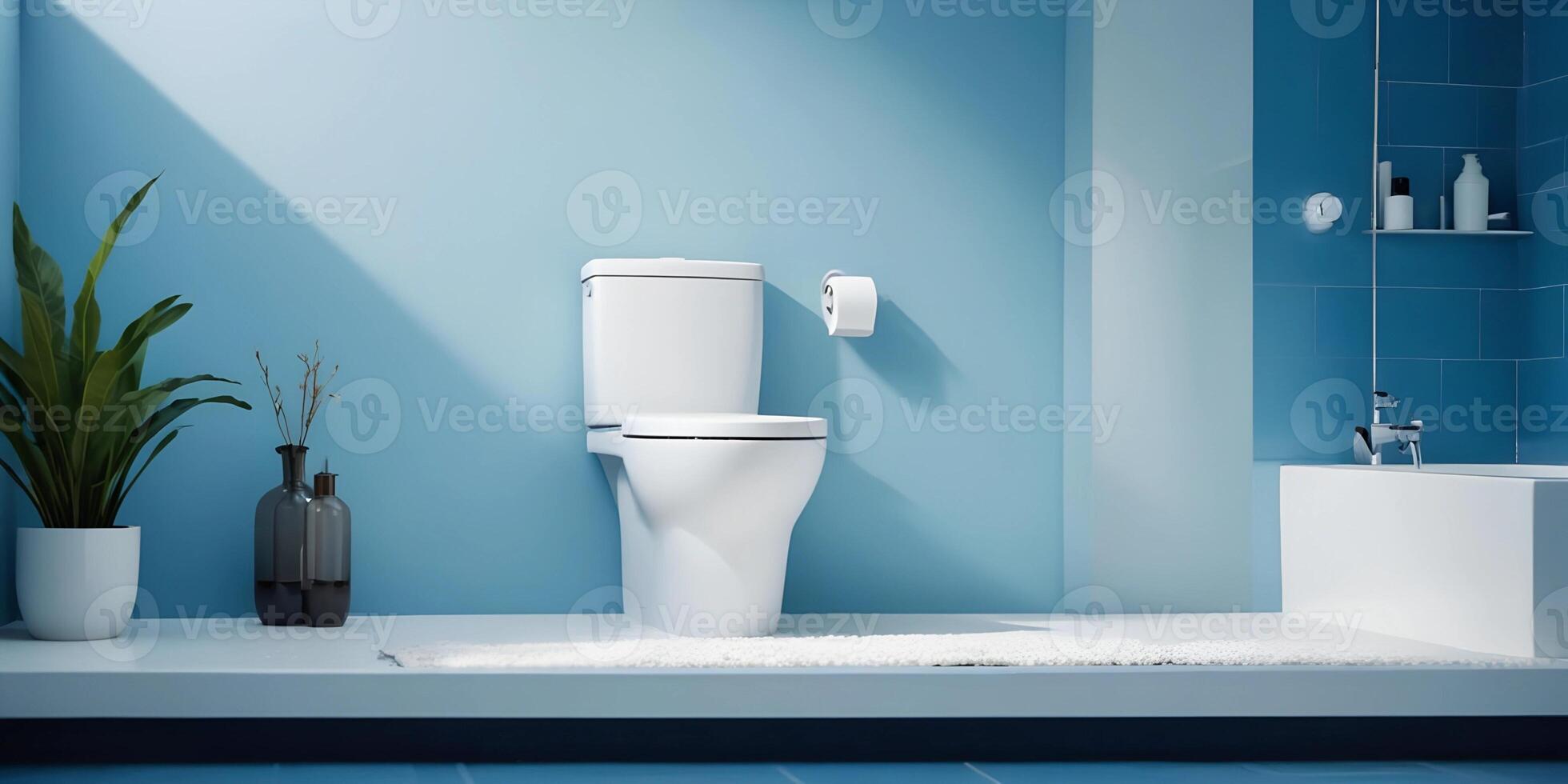 A blue bathroom with a toilet and a potted plant photo