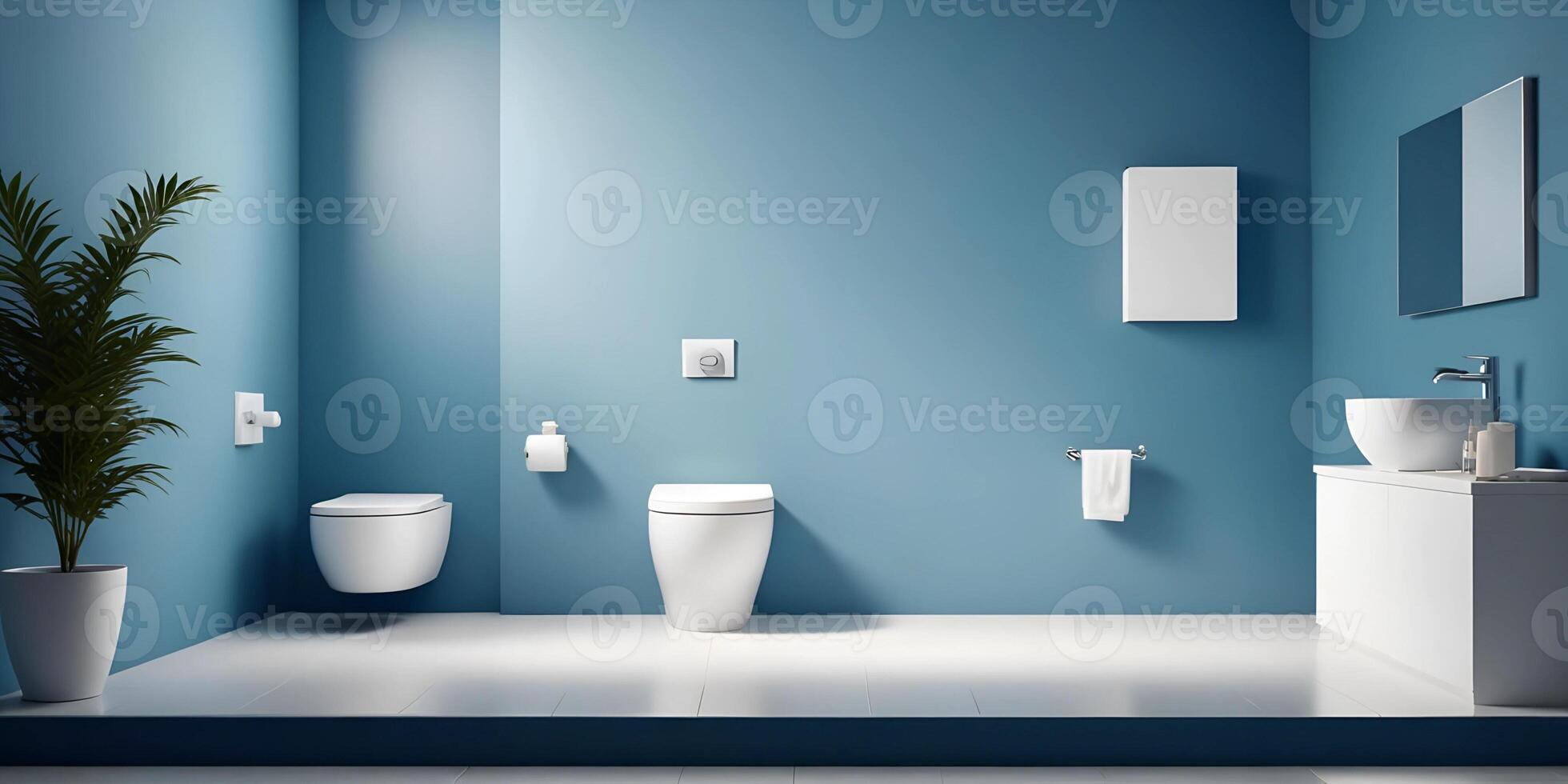 A blue bathroom with a toilet, sink and toilet seat photo