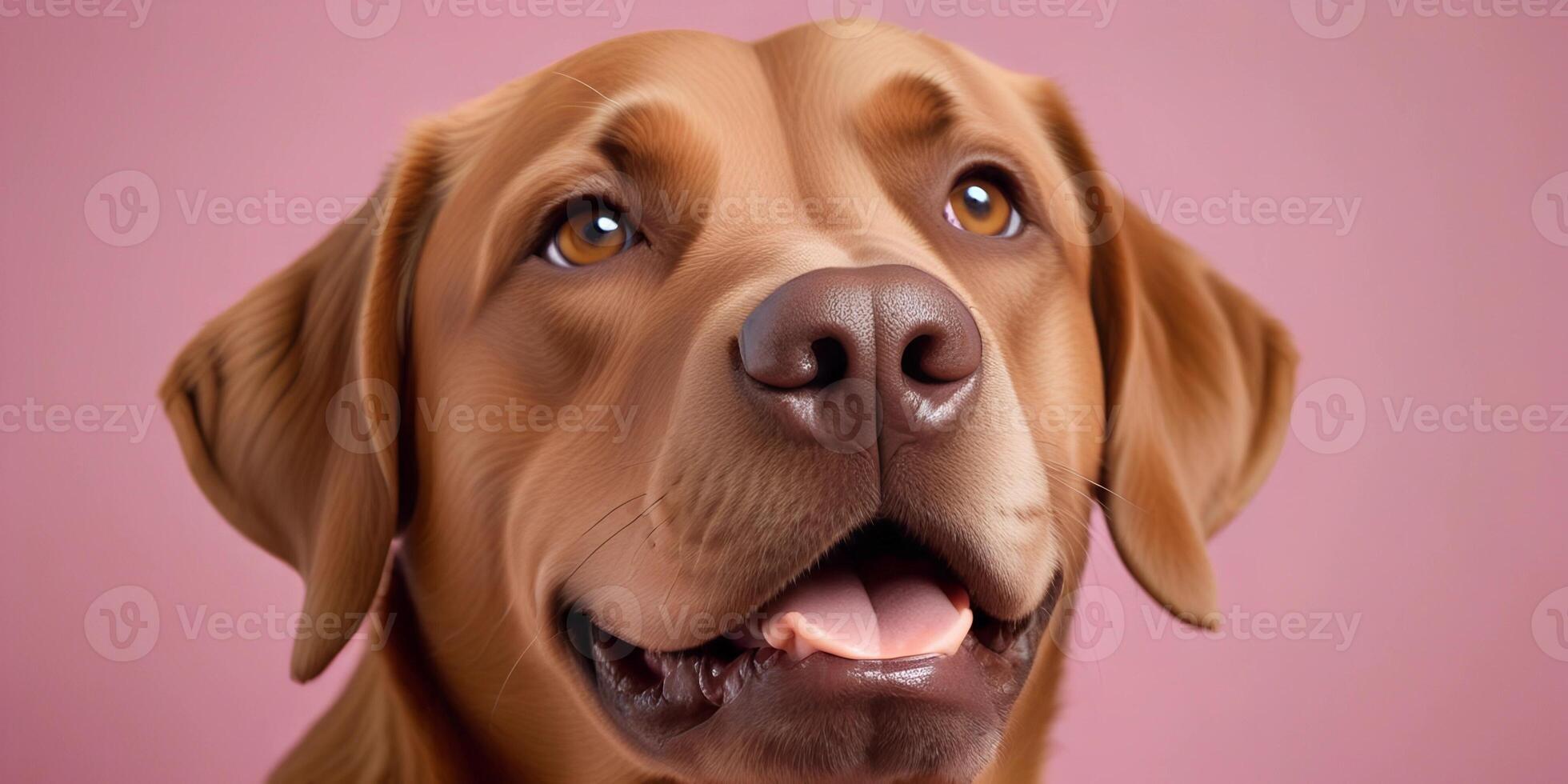 Happy Brown Dog with Tongue Out on Pink Background in Studio Portrait photo
