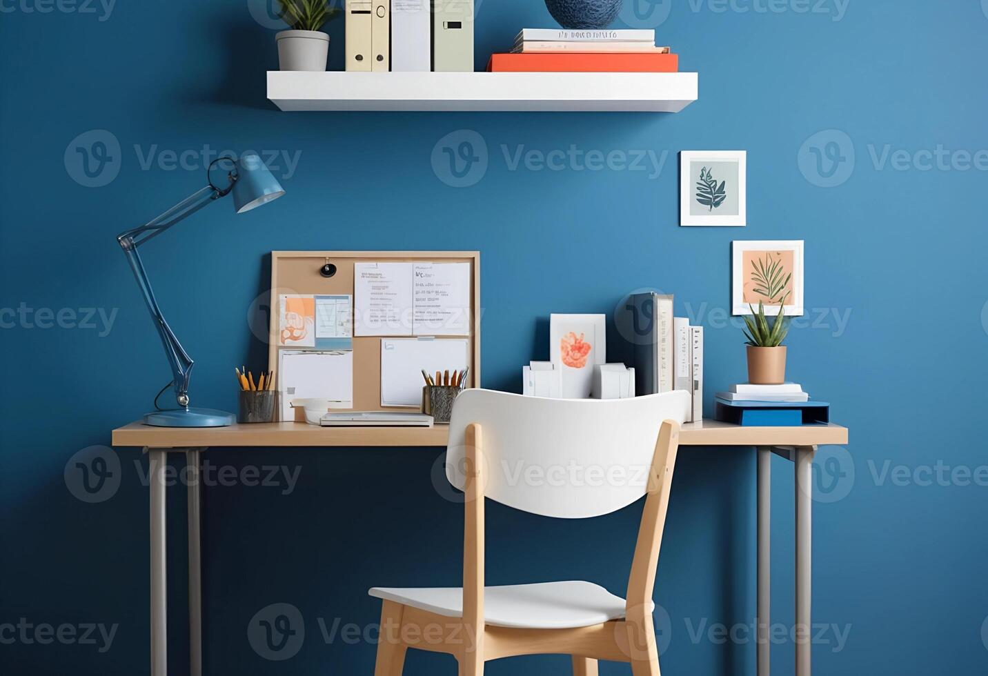 A desk with a chair and a shelf with books photo