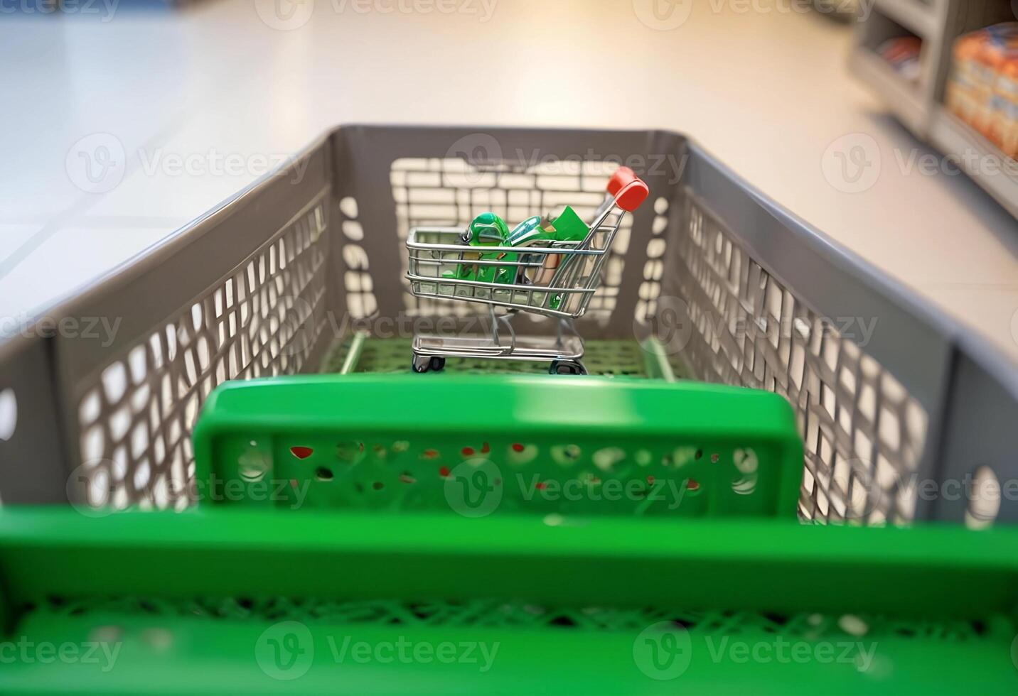 A shopping cart with a green toy inside photo