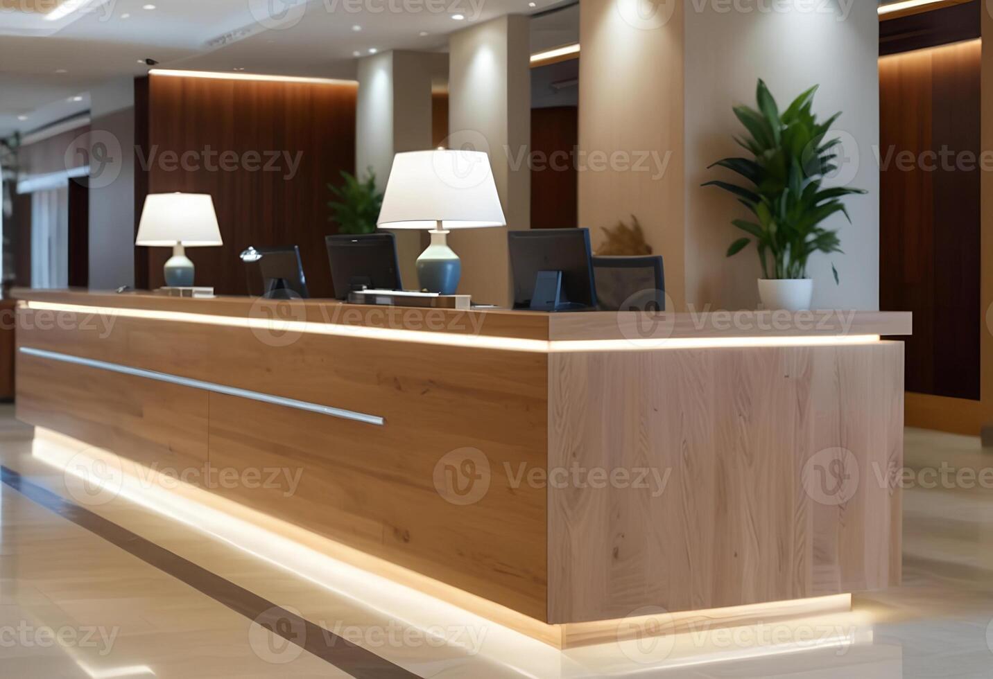 A modern reception desk in a hotel lobby photo