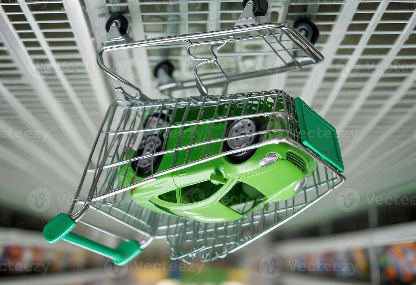 Conceptual Image of Green Car in Shopping Cart Symbolizing Auto Purchase and Consumerism photo