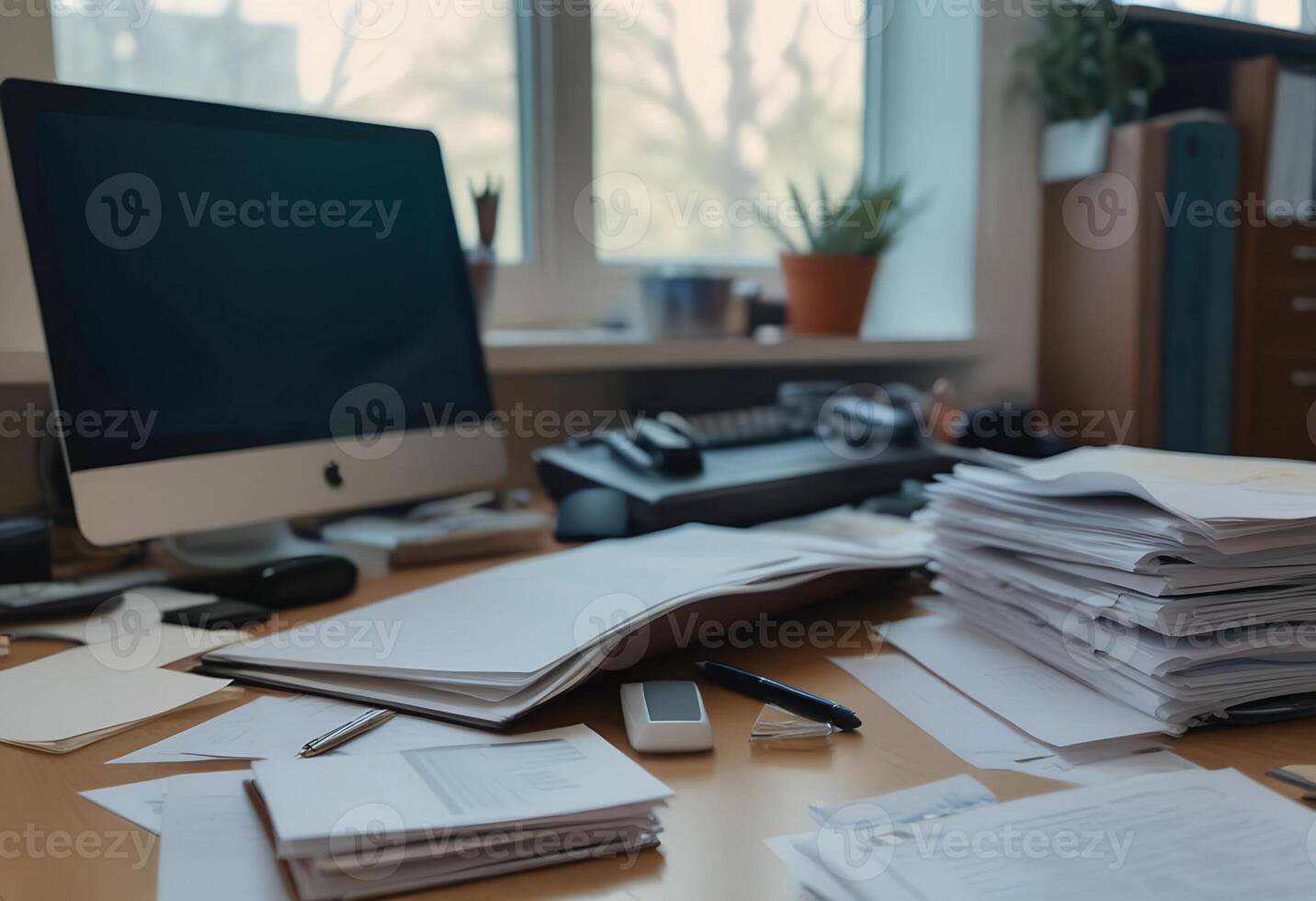 A desk with a computer, papers and other items photo
