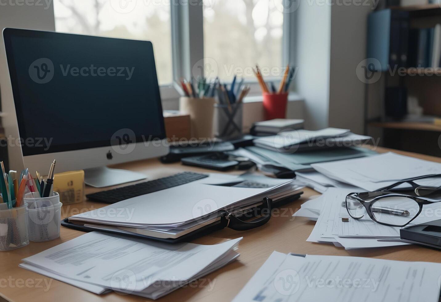 A desk with a computer, glasses, and papers photo