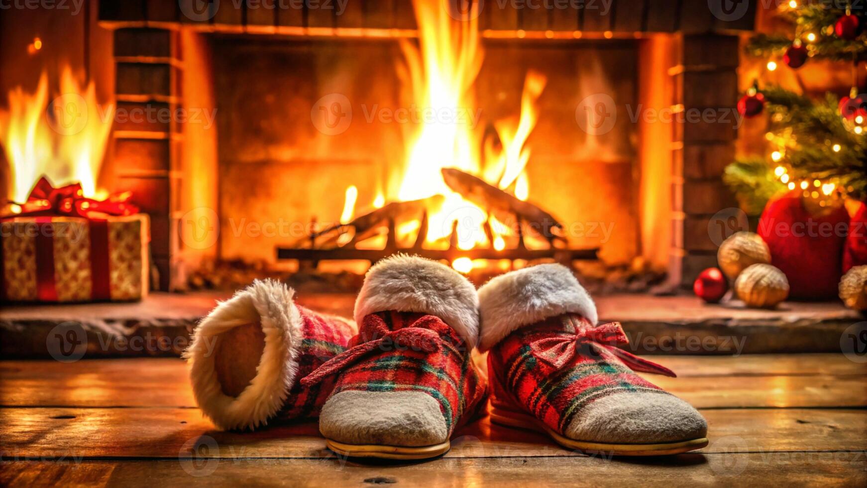 Two pairs of boots are sitting in front of a fireplace photo