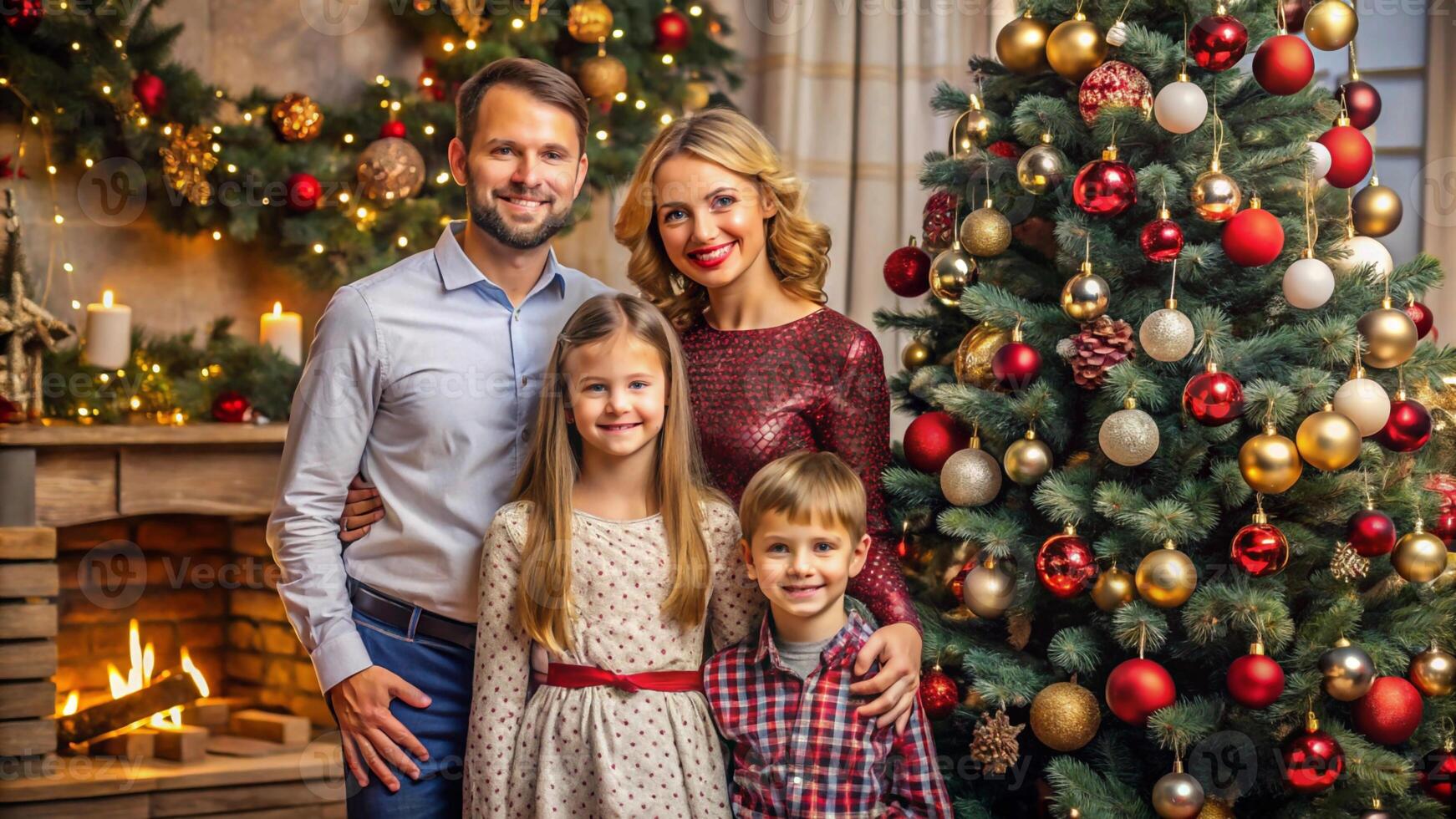 A family poses for a photo in front of a christmas tree