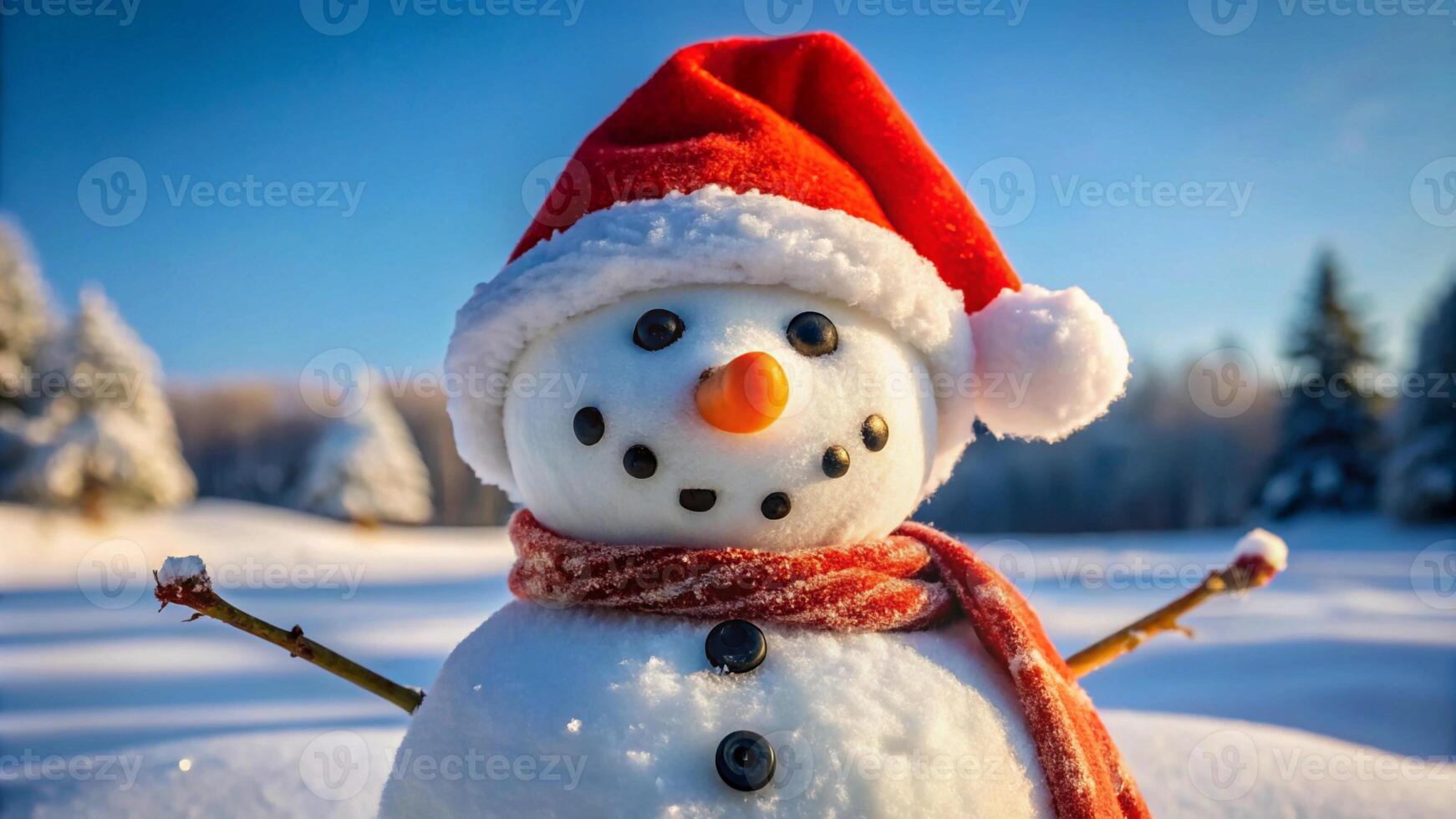 A snowman wearing a red hat and scarf photo