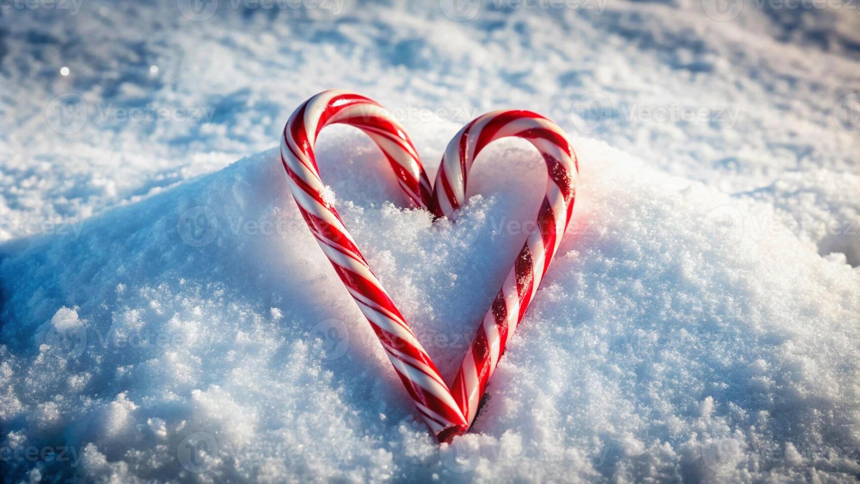 A candy cane in the snow with a heart shape photo