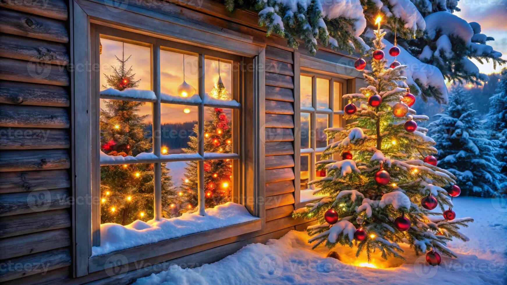 Christmas tree in front of a cabin with lights photo