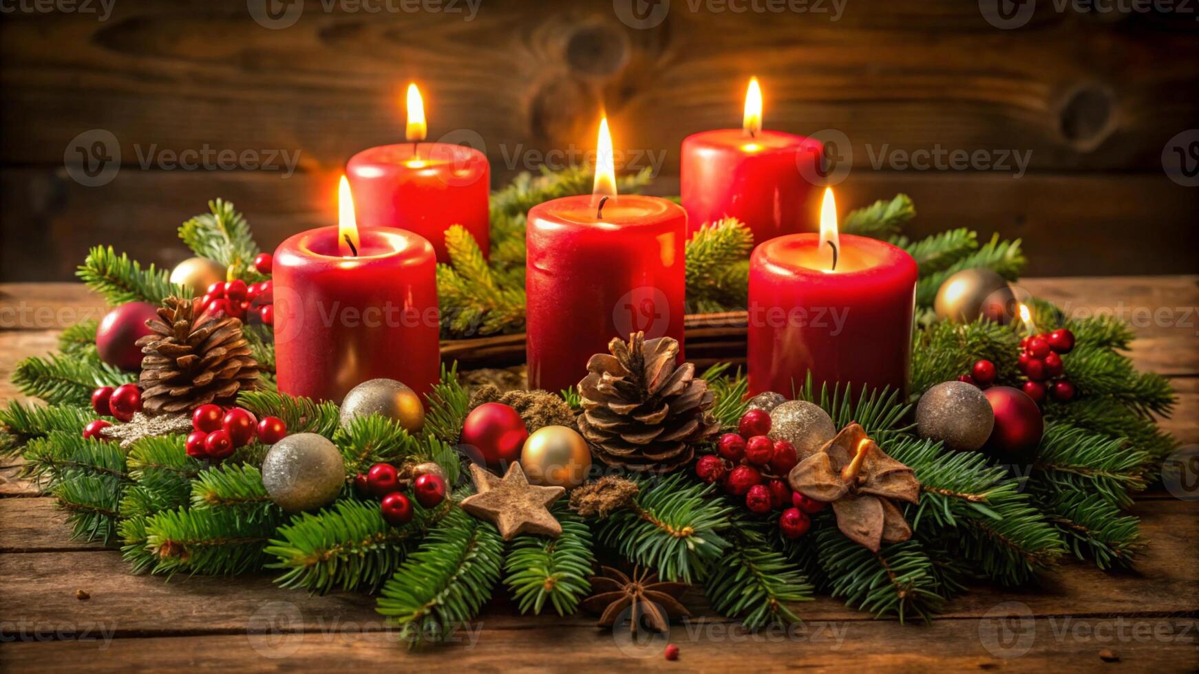Advent wreath with red candles on wooden table photo