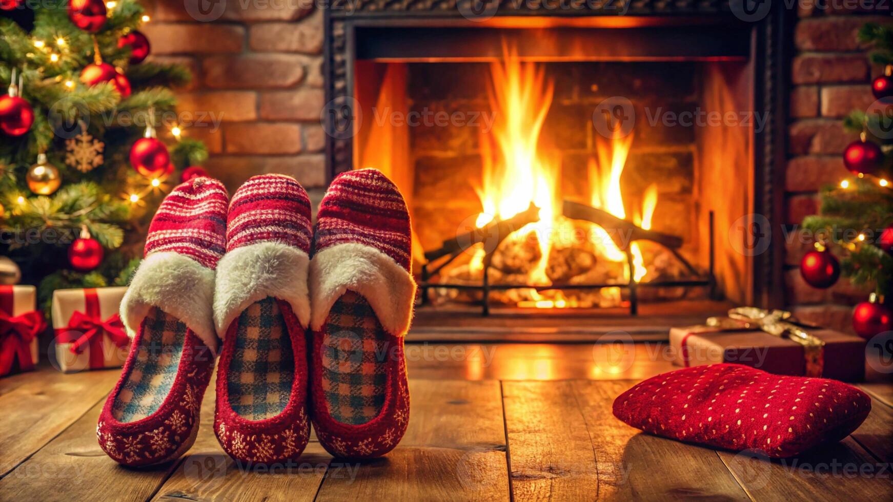 Christmas fireplace and christmas slippers in front of a fireplace photo