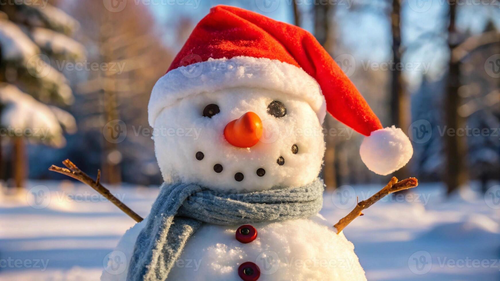 A snowman wearing a red hat and scarf photo
