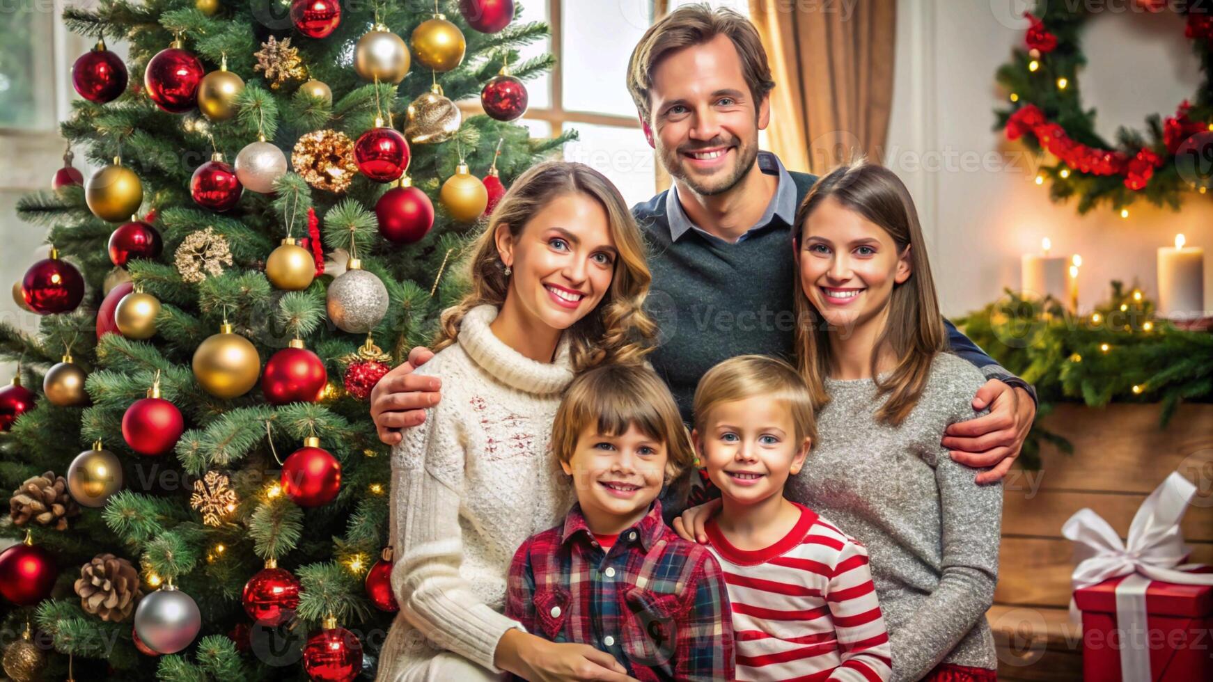 A family posing in front of a christmas tree photo