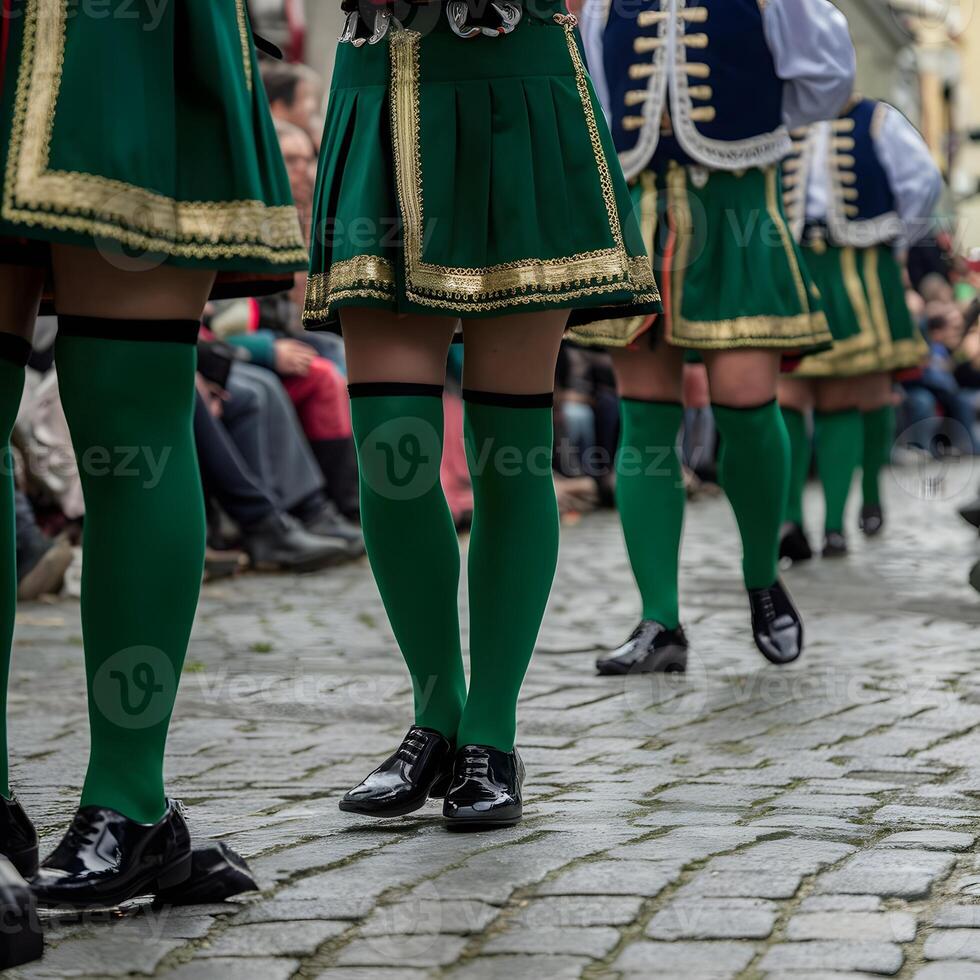 A group of people in green and gold costumes photo