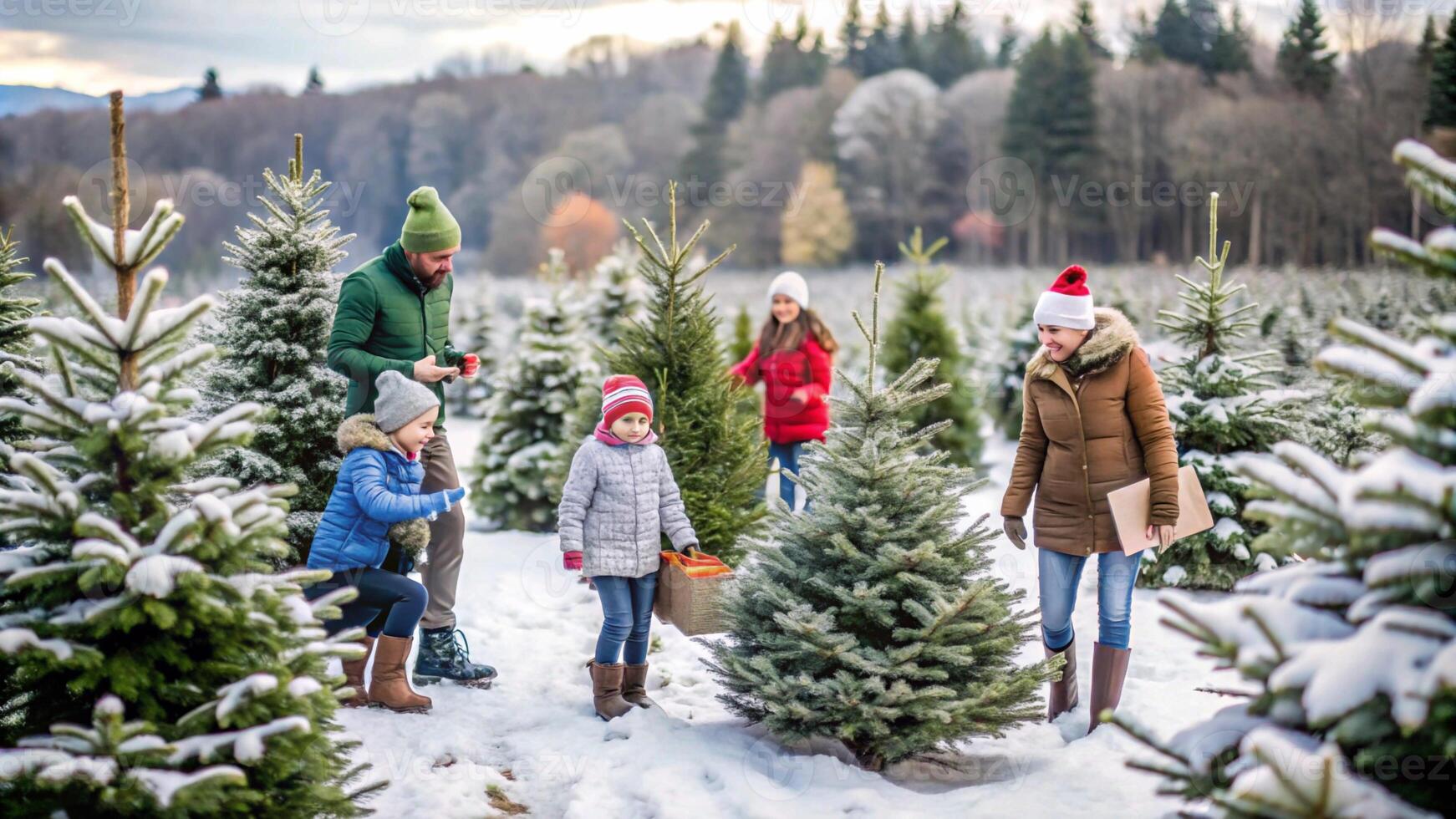A family is picking christmas trees at a tree farm photo