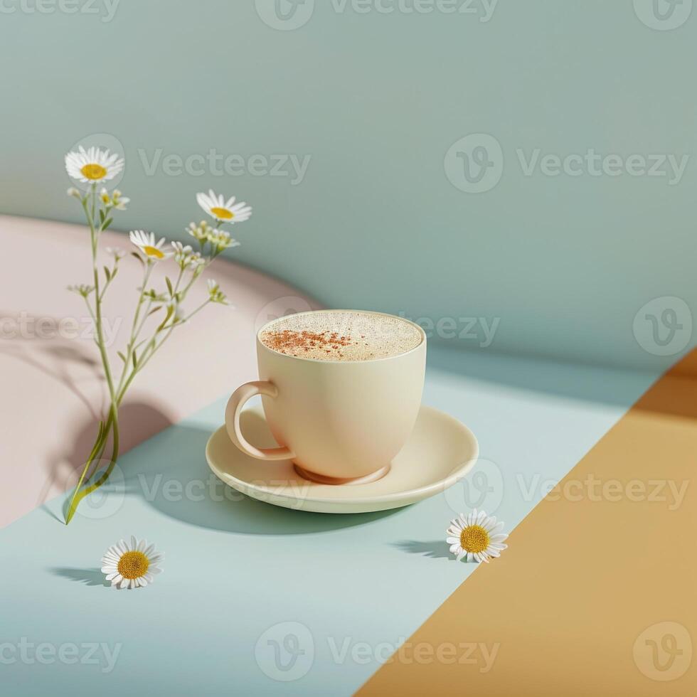 coffee on light blue and yellow playful background with flowers photo