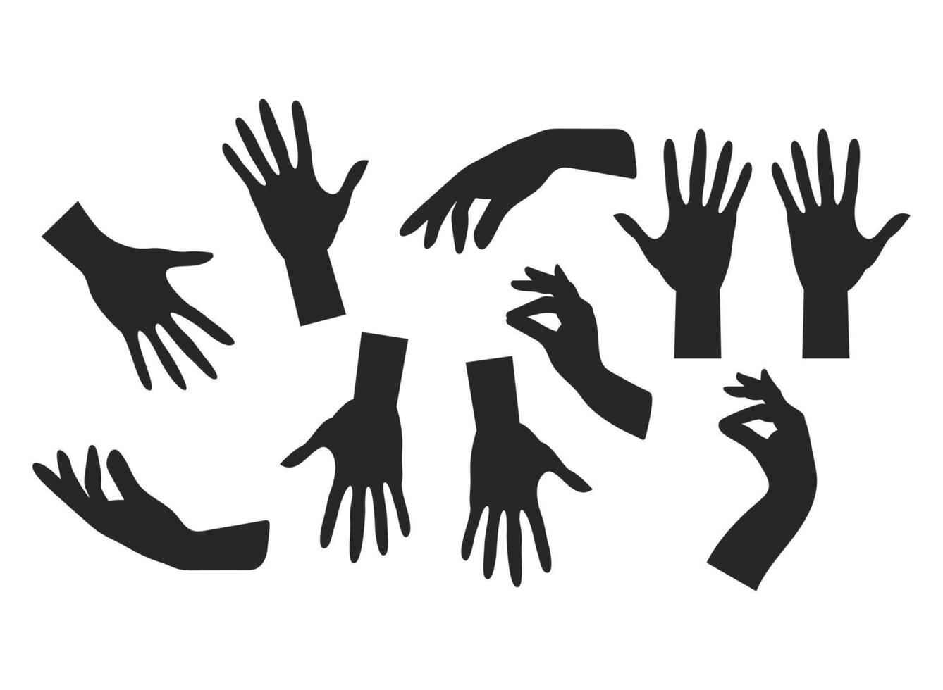 Set of flat hand icon designs showing ok gesture, peace, thumbs up, pointing to object, shaka, rock, holding magnifying glass, writing on white background. Creative assets for commercial needs vector