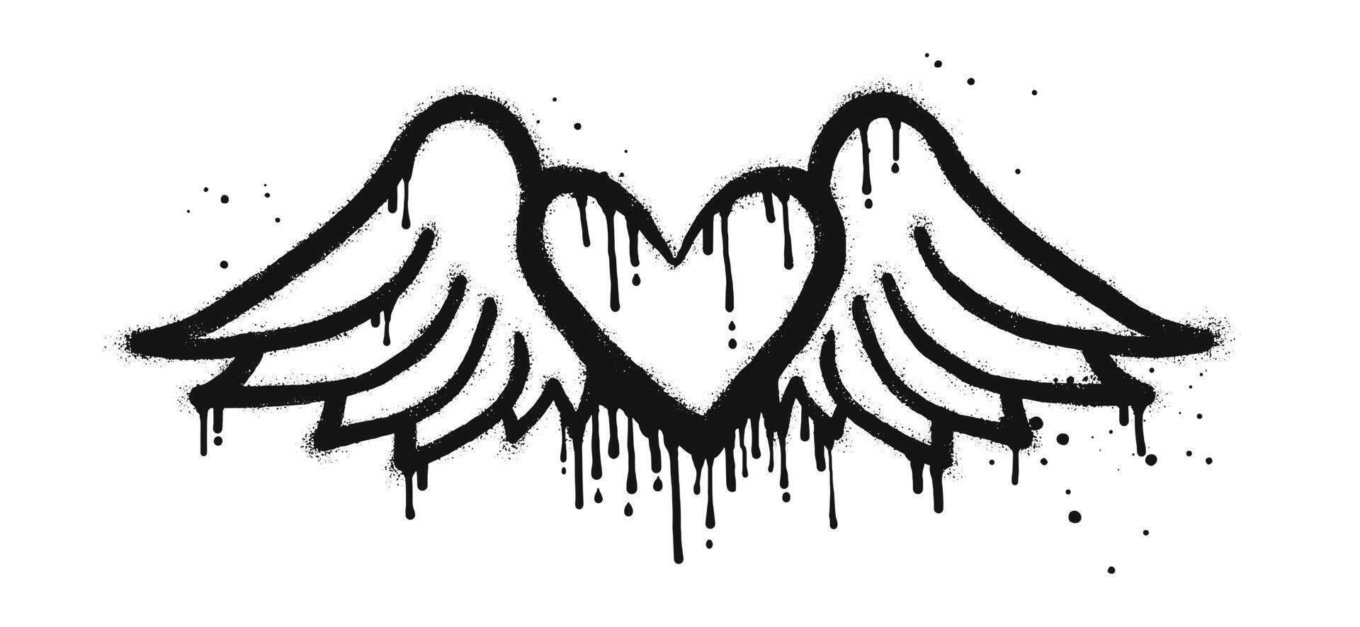 Spray painted graffiti flying heart with wings icon in black over white. Heart with wings drip symbol. isolated on white background vector