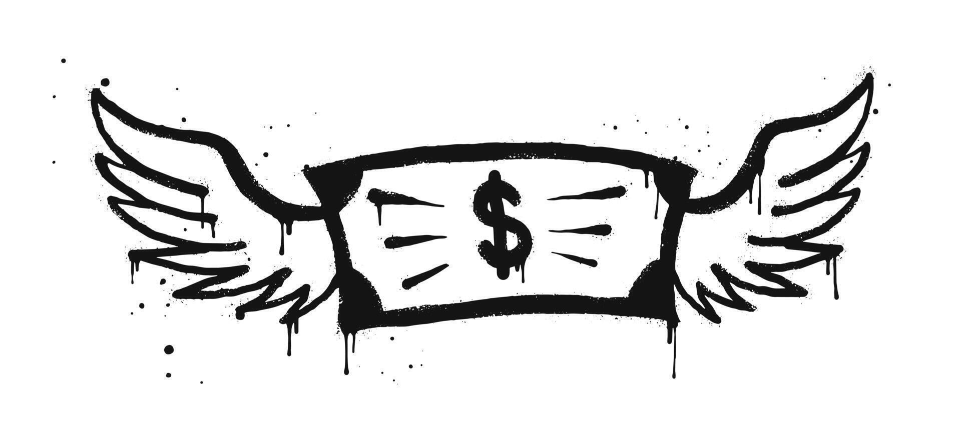 Spray painted graffiti flying dollar with wings icon in black over white. Dollar money with wings drip symbol. isolated on white background vector