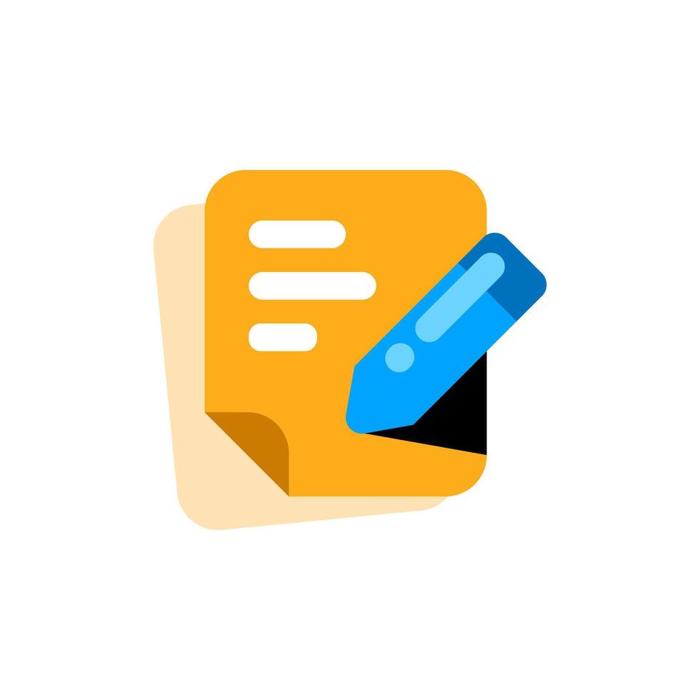 add note button Flat icon, featuring a paper sheet and pen. Ideal for applications, websites, or interfaces related to writing, note taking, or documentation. Simple and clean design vector