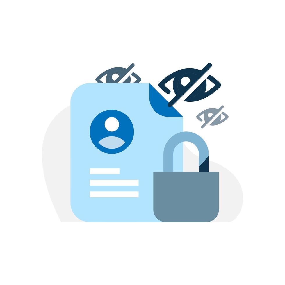 Concept Illustration of Privacy Security. Features a crossed out eye icon, a document containing personal data, and a padlock, symbolizing data protection and privacy measures vector