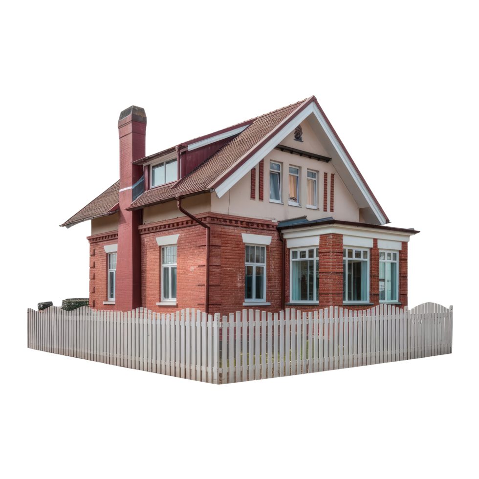 A red brick house with a white picket fence png
