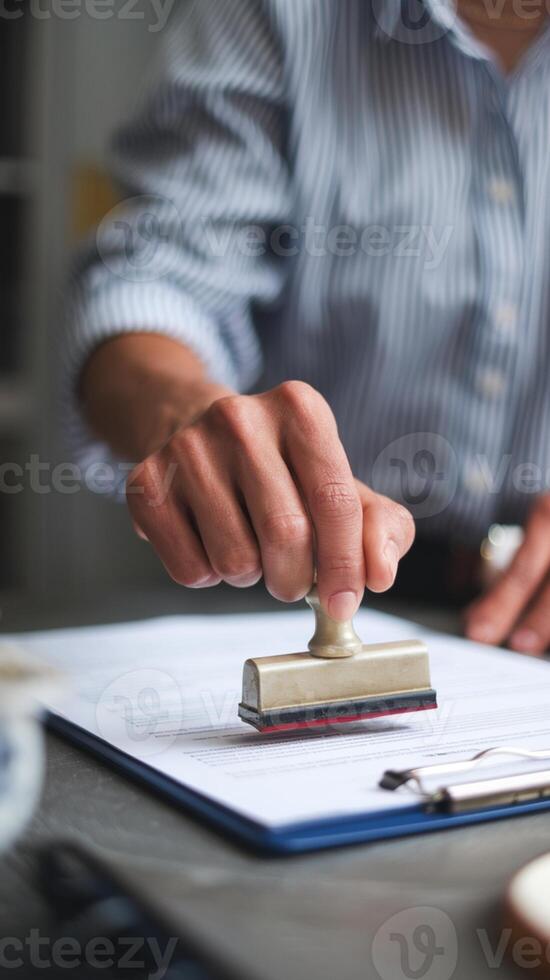 Hand stamping document on clipboard, striped shirt, blurred background focusing on action Vertical Mobile Wallpaper photo