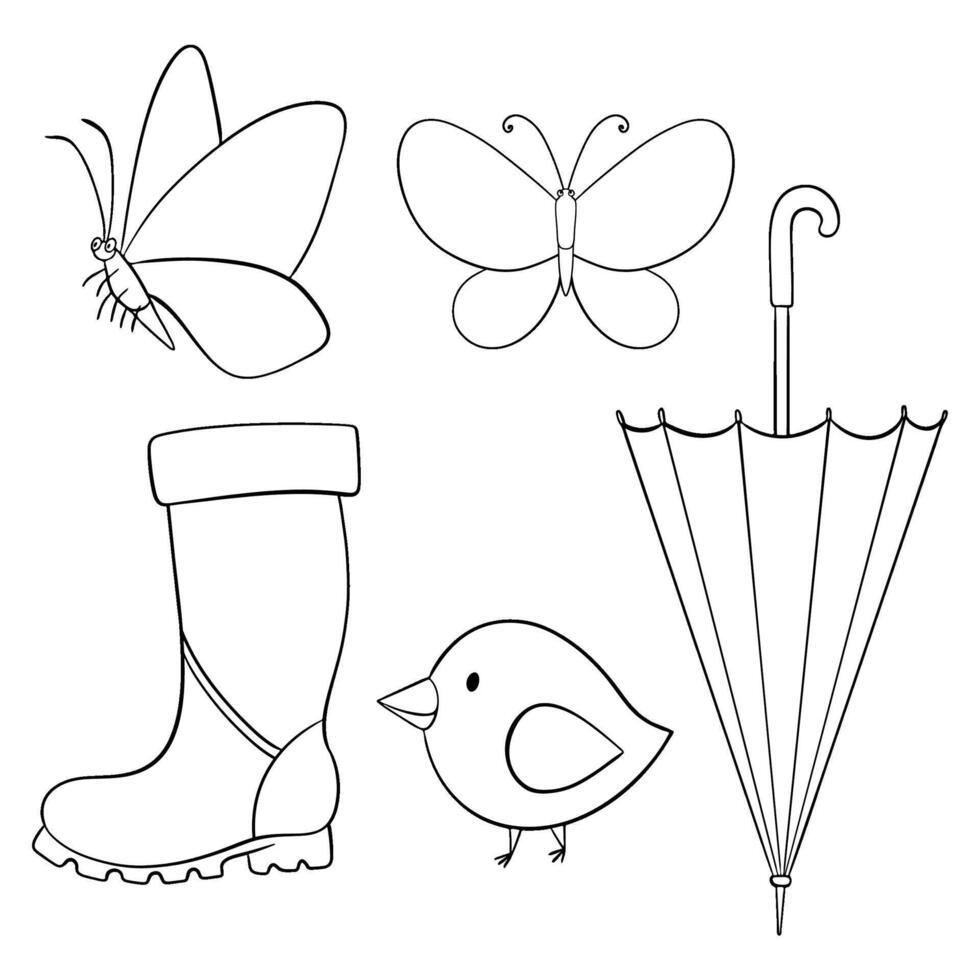 Spring brings delightful elements like butterflies, boots, birds, umbrellas, and cheerful symbols vector