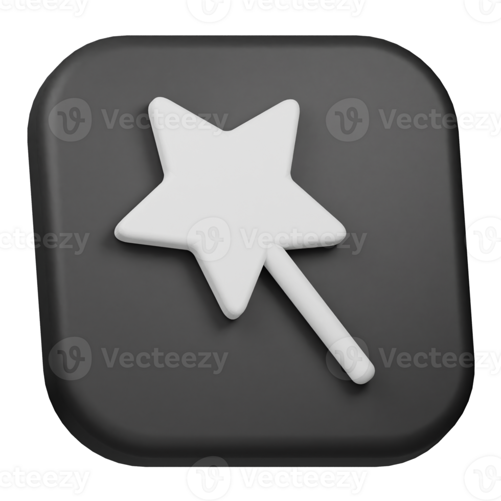A white star and wand icon on a black background png
