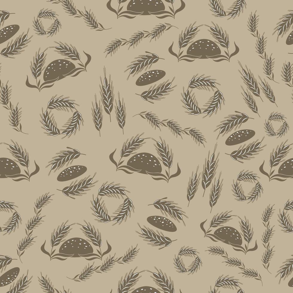 Seamless pattern with images of stylized ears of wheat and bread. vector