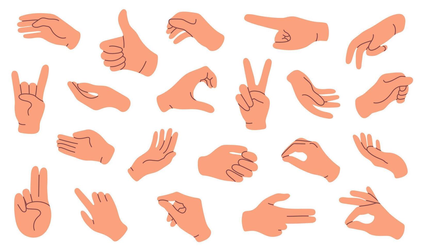 mano gesto conjunto aislado en blanco. sencillo plano estilo. mano firmar OK, corazón, prensa tocar, sostener, paz. vector