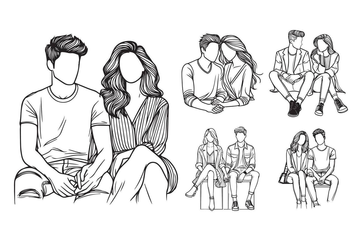 Line Art Couple Sitting Intimately Illustration Hand Drawn Clipart vector