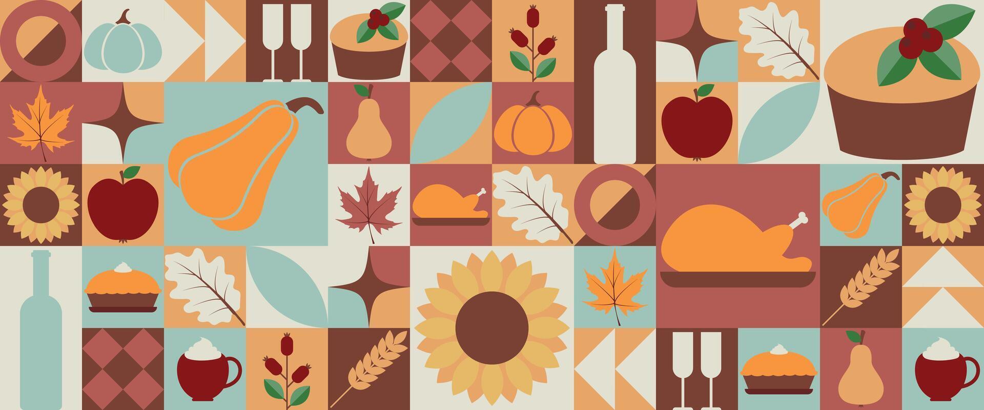 Thanksgiving day modern geometric background. Festive banner with pumpkin, rosehip, maple leaf, pie, turkey and geomertic shape. illustration vector