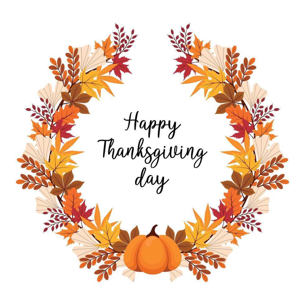 Pumpkin and autumn leaves frame. Happy Thanksgiving day greeting card. illustration on transparent background vector