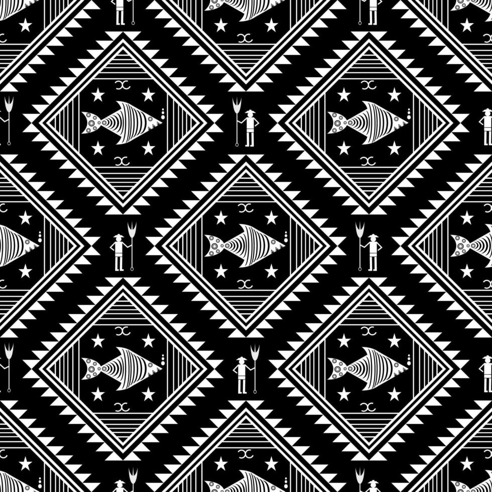 Black and white geometric abstract with fish and people Tribal pattern vector